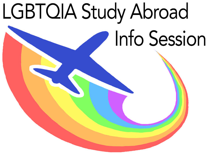 LGBTQIA Study Abroad Info Session with the graphic of a blue airplaine and a rainbow.