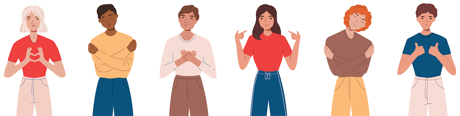 Illustration of different people expressing positive emotions, smiling , making hand gestures and hugging themselves.