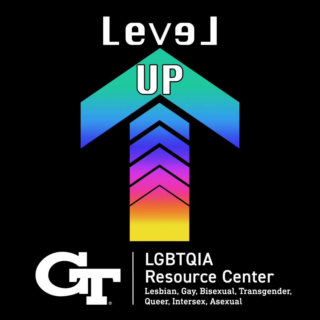 A multicolor arrow looking up and a text that reads: Level Up: An Advances LGBTQIA Allyship Course