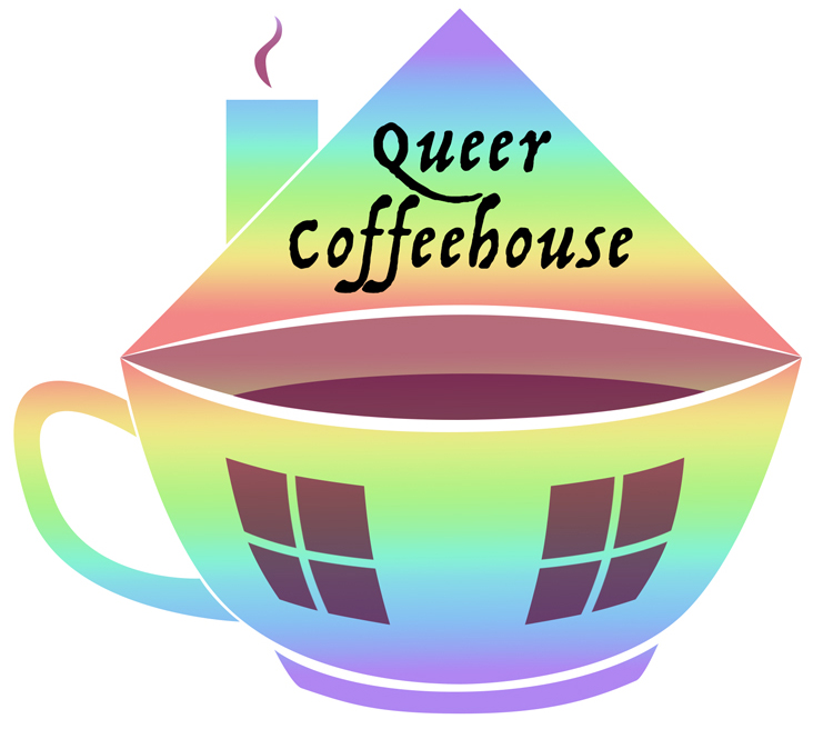 A cup n the form of a house and in rainbow colors. The text reads Queer Cofeehouse.