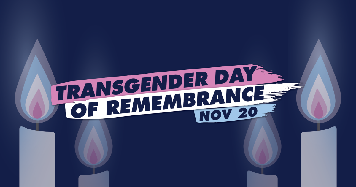 Illustration of candels. Text reads: Transgender Day of Remembrance Nov 20