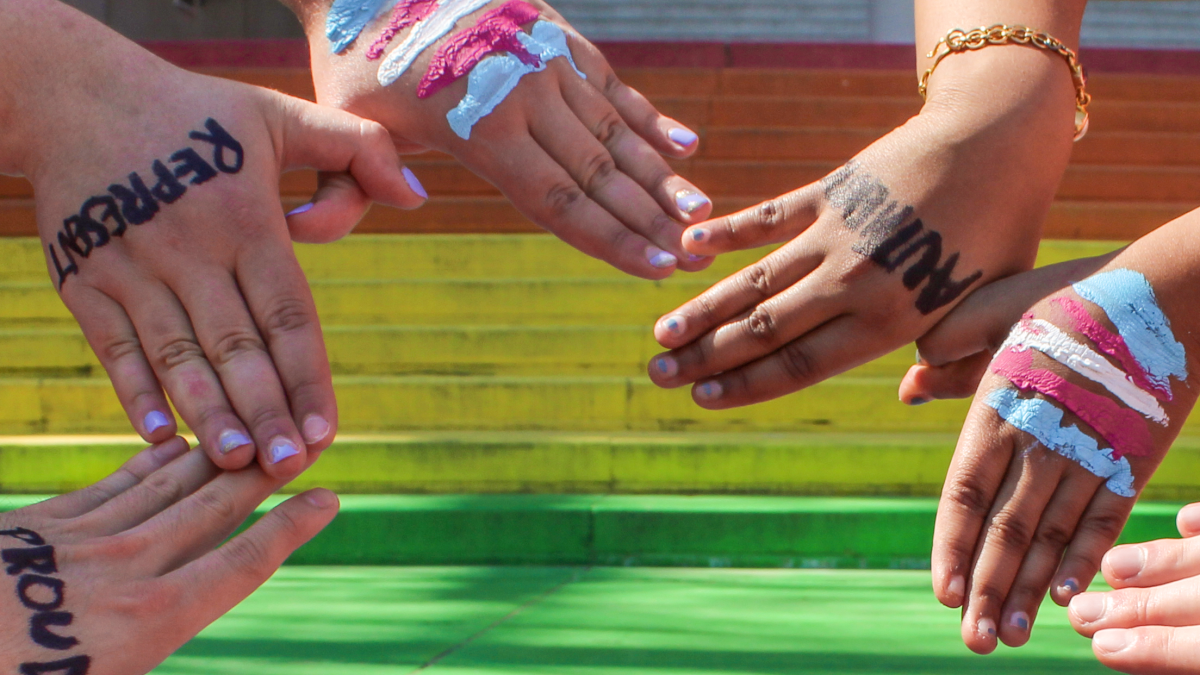 A group of hands forming butterflies. Some have words written on them and some have the trans flag painted on one of their "wings" and a reafirming word on the other.