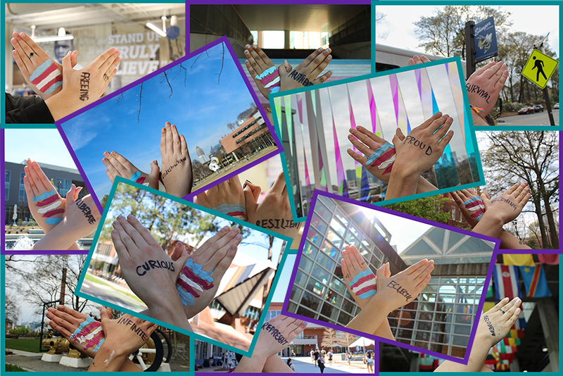 A collage of the different photos of hands forming a butterflies with one "wing" displaying words and the other one the trans flag.
